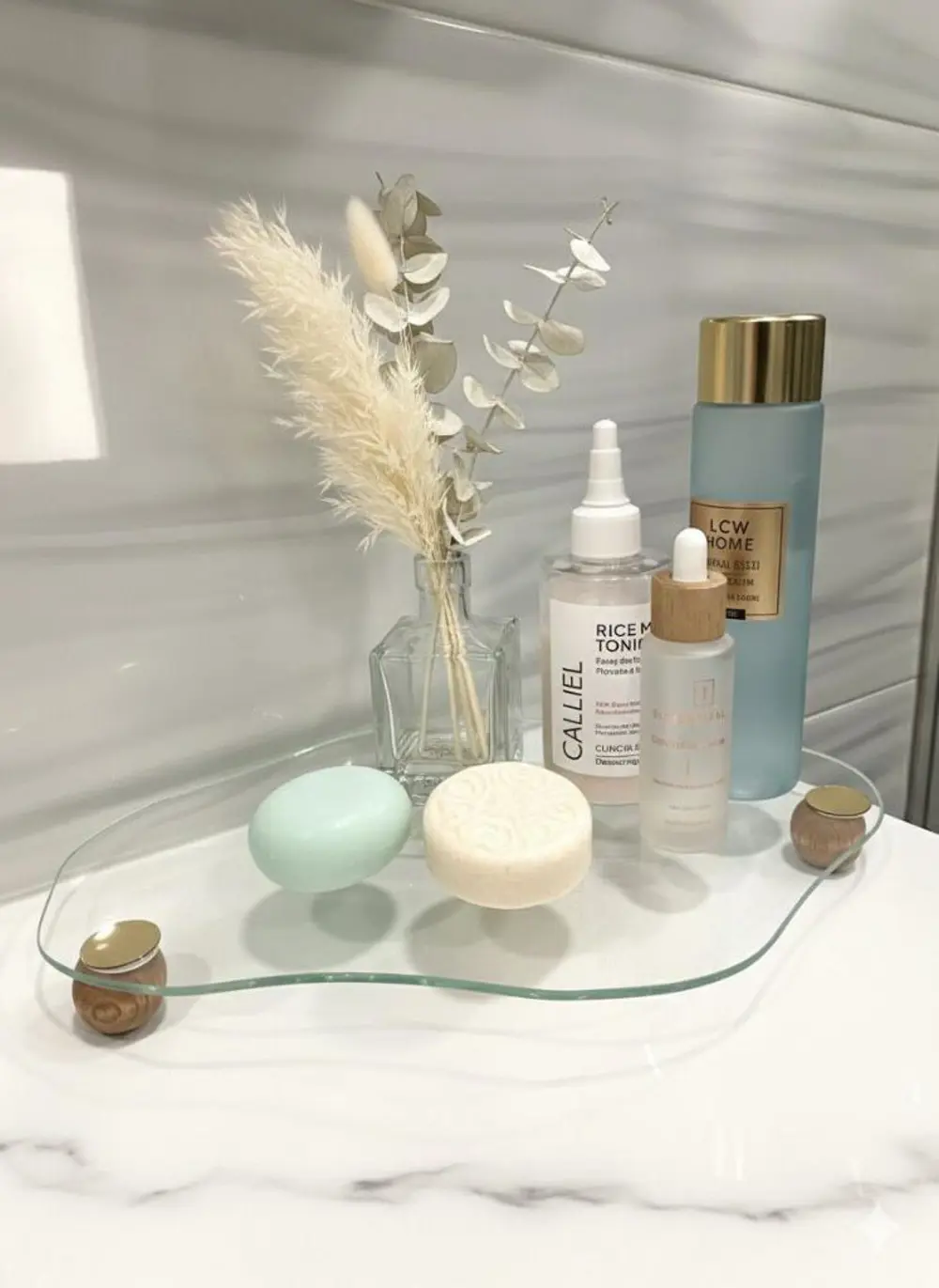 Dekoratif Cam Organizer Banyo Sehpa Üstü Makyaj Organizeri Tepsi Dekoratif Cam Organizer Banyo Sehpa Üstü Makyaj Organizeri Tepsi