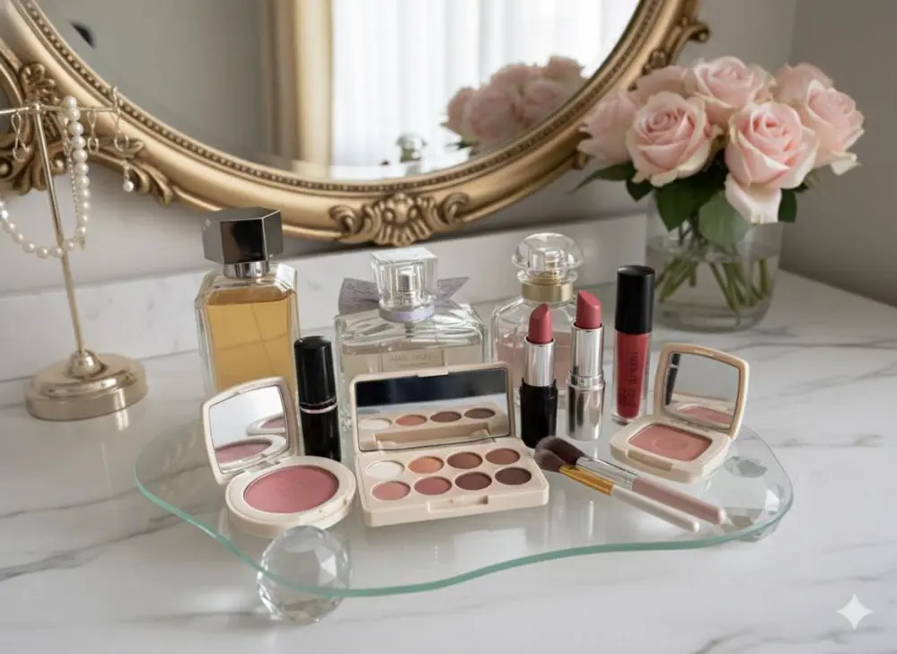 Dekoratif Cam Organizer Banyo Sehpa Üstü Makyaj Organizeri Tepsi Dekoratif Cam Organizer Banyo Sehpa Üstü Makyaj Organizeri Tepsi