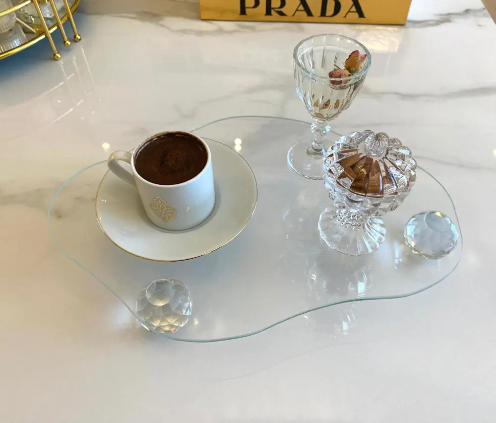 Dekoratif Cam Tepsi Kristal - Elmas Bulut Modeli Top Ayaklı Cam S