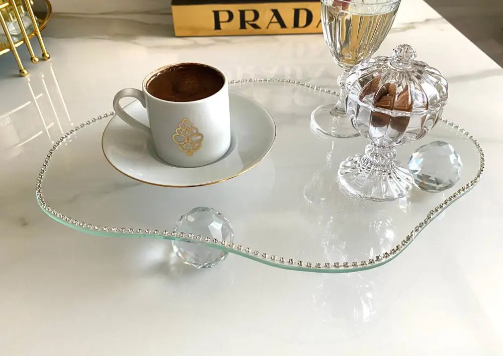 Dekoratif Cam Tepsi Kristal - Elmas Bulut Modeli Top Ayaklı Cam K