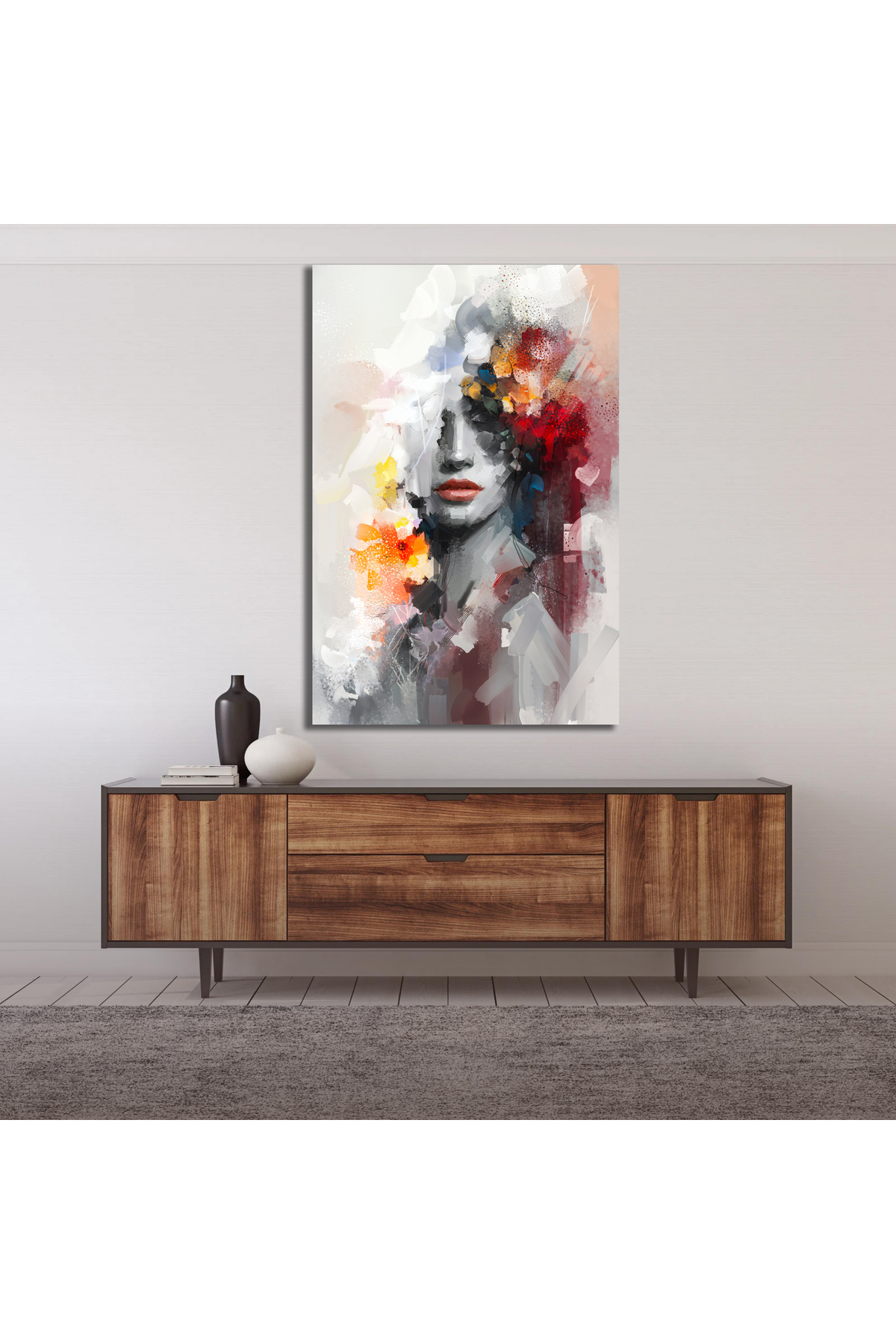 Korkmazkanvas Dekoratif. Çiçekli Genç Kadın Modelin Modern Sanatı. Kanvas Tablo