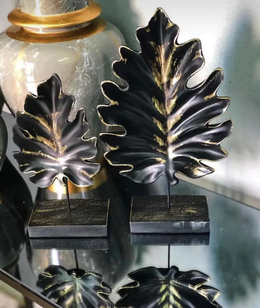 Dekoratif Çınar Ağacı Yaprak 2 Li Gold Masa Üstü Sehpa Ev Dekorat