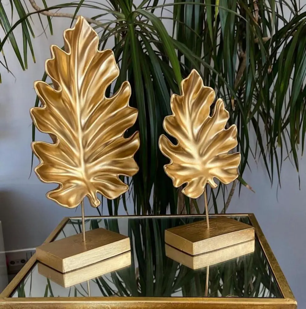 Dekoratif Çınar Ağacı Yaprak 2 Li Gold Masa Üstü Sehpa Ev Dekorat