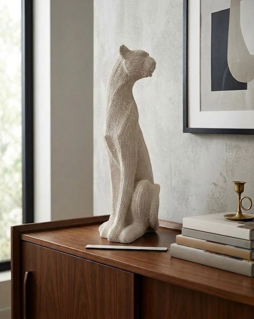 Dekoratif Çita Leopar Krem Rengi Biblo büst Heykel 43 Cm