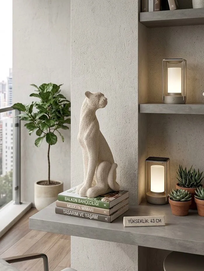 Dekoratif Çita Leopar Krem Rengi Biblo büst Heykel 43 Cm