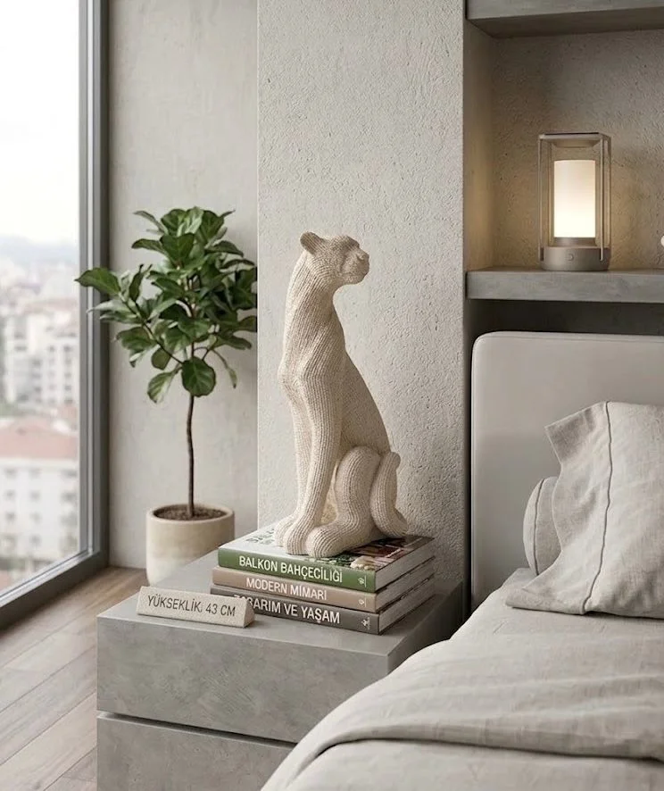 Dekoratif Çita Leopar Krem Rengi Biblo büst Heykel 43 Cm