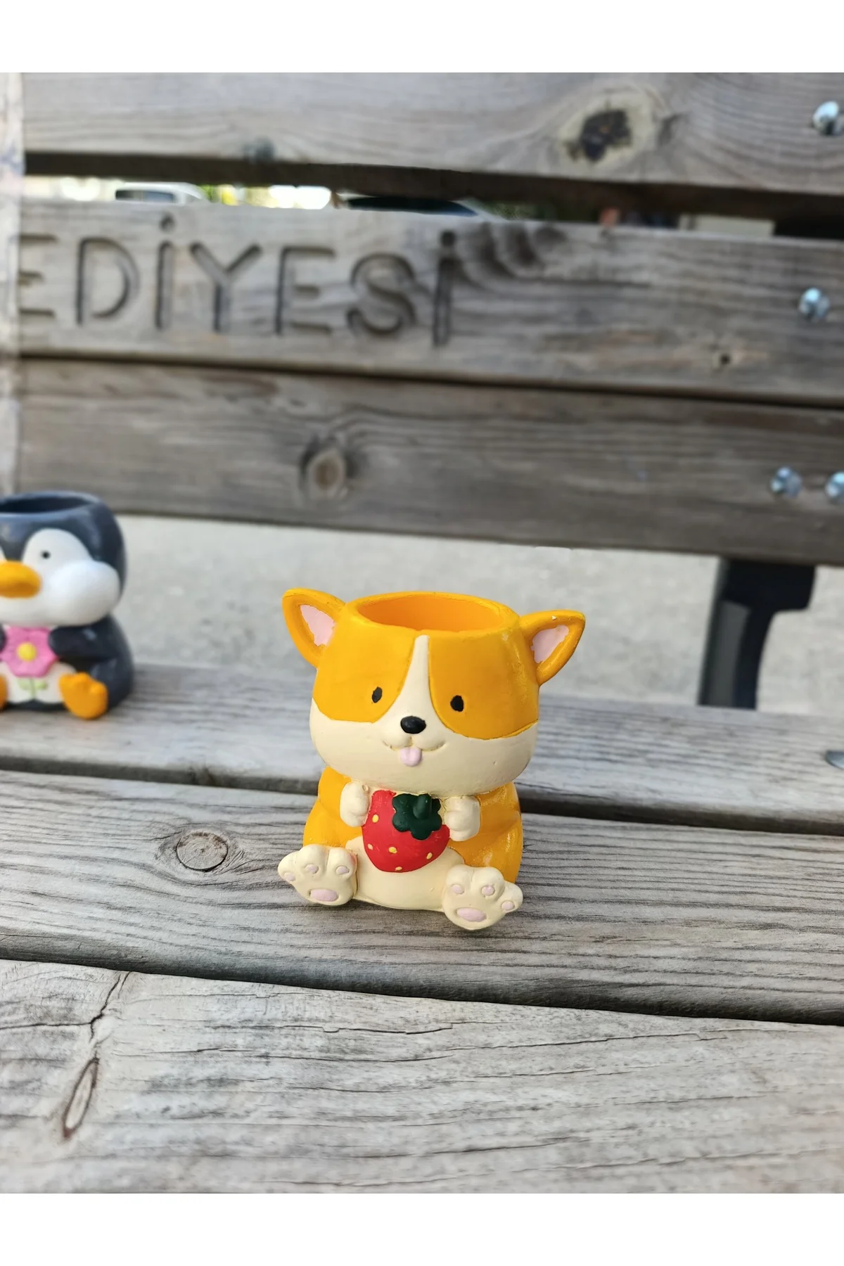 Dekoratif Corgi Köpek Seramik Saksı & Biblo - El Yapımı Tatlı Hediyelik - Masaüstü Çiçeklik Obje