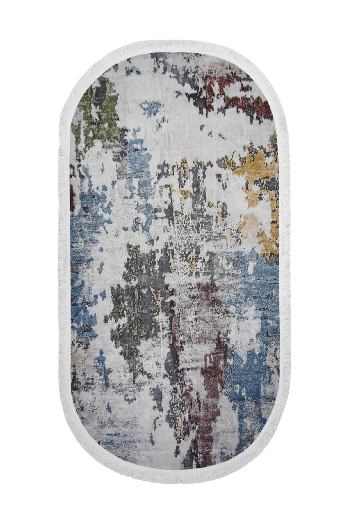 Dekoratif Dijital Saçaklı Oval Kesme Halı Yolluk Antialaerjik Mod