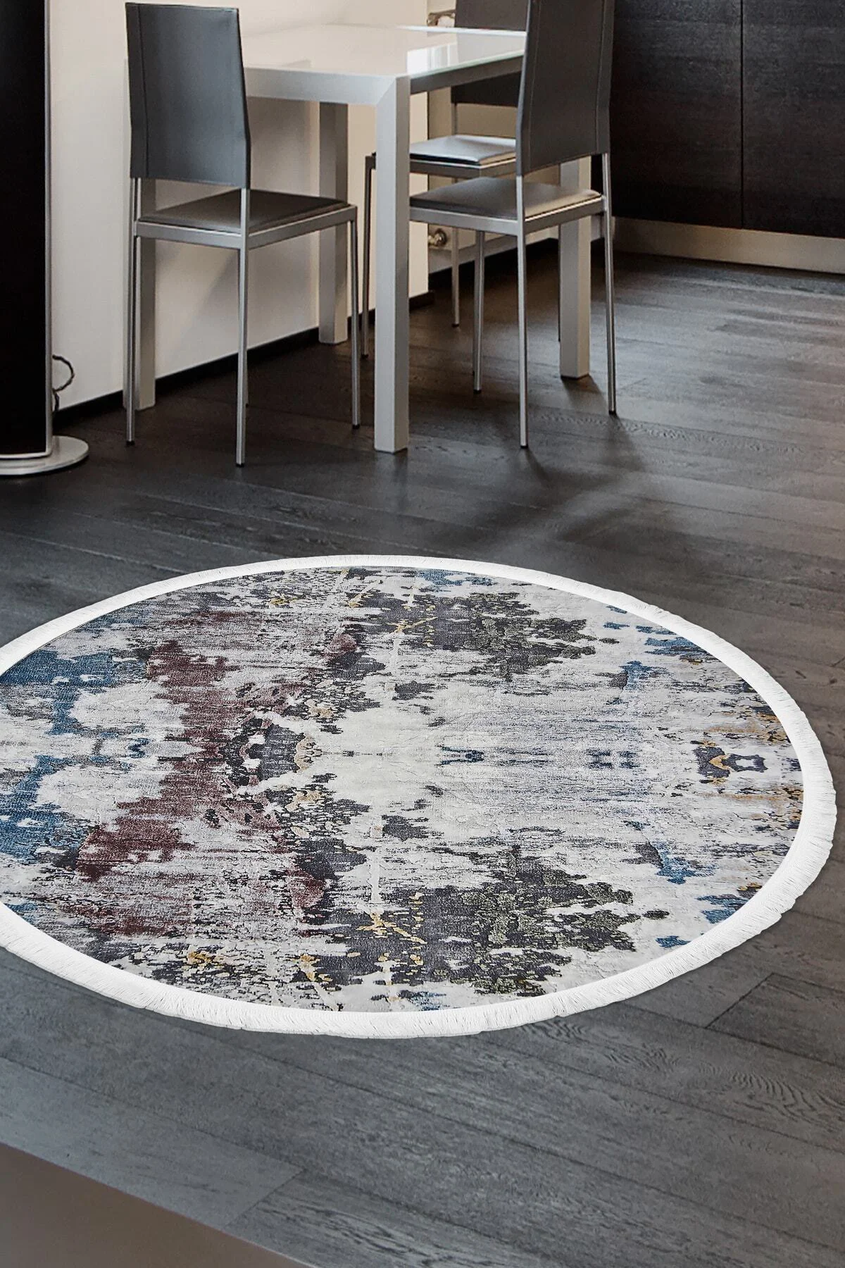 Dekoratif Dijital Saçaklı Yuvarlak Halı Yıkanabilir Antialaerjik Modern Mavi 130X130