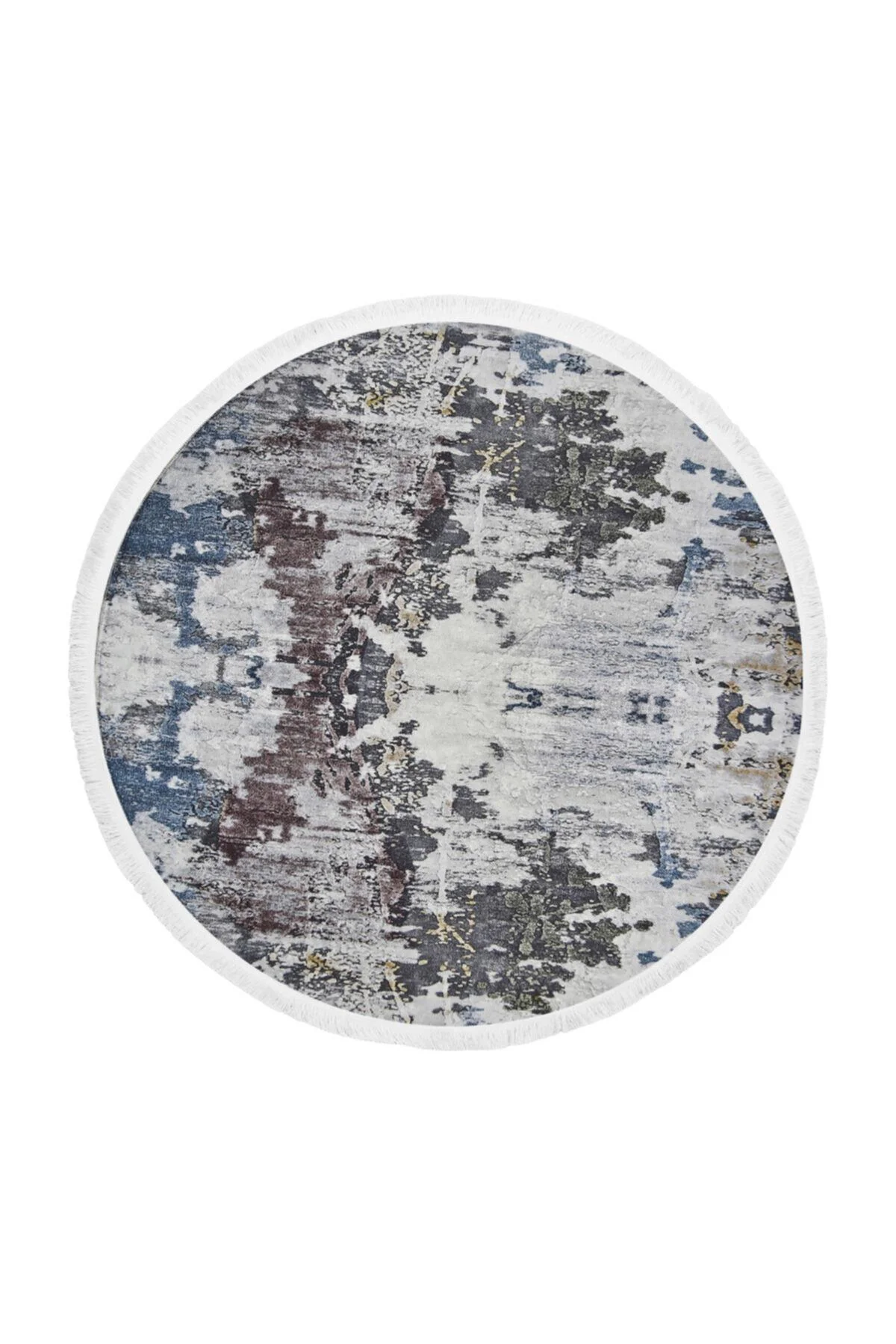 Dekoratif Dijital Saçaklı Yuvarlak Halı Yıkanabilir Antialaerjik Modern Mavi 140X140
