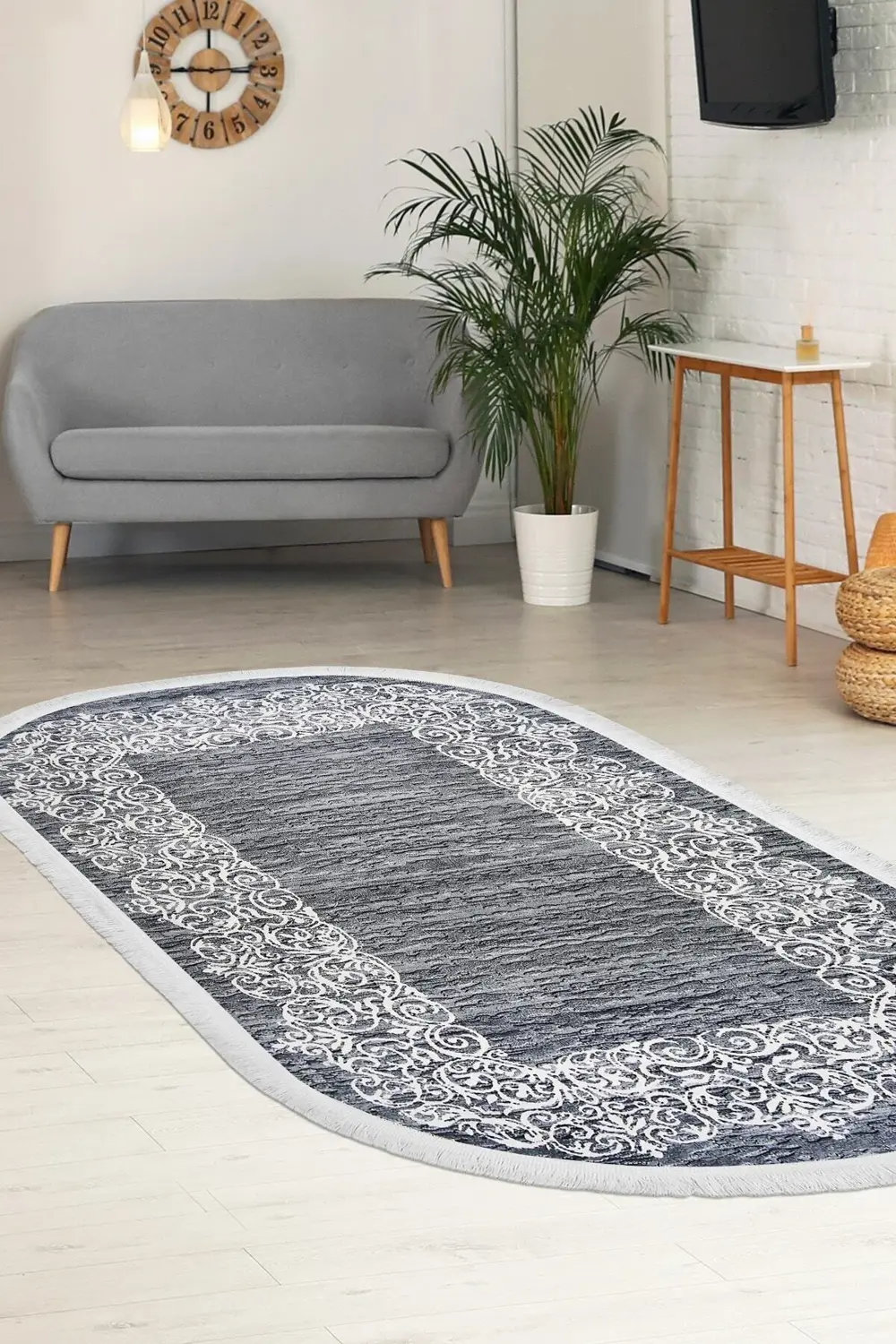 Dekoratif Dijital Saçaklı Oval Halı Yolluk Antialaerjik Antibakte