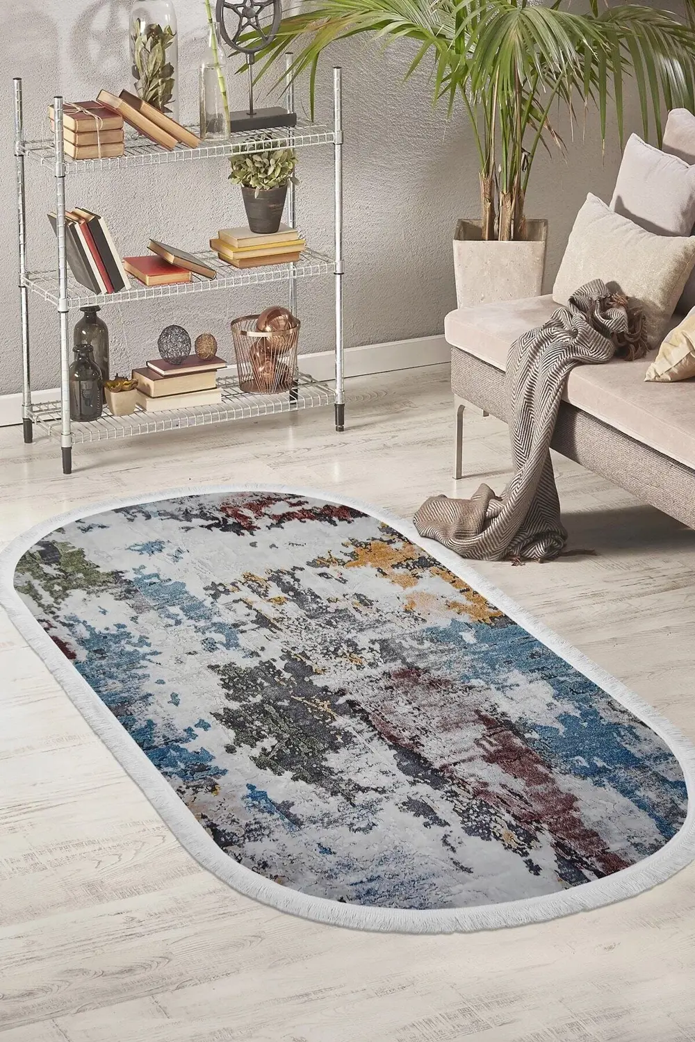 Dekoratif Dijital Saçaklı Oval Kesme Halı Yolluk Antialaerjik Mod