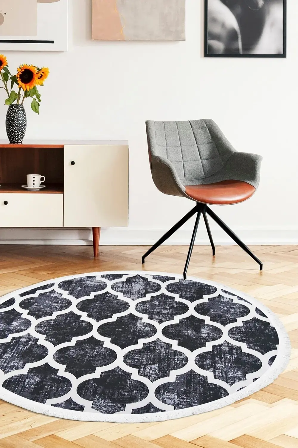 Dekoratif Dijital Saçaklı Yuvarlak Halı Yıkanabilir Antialaerjik