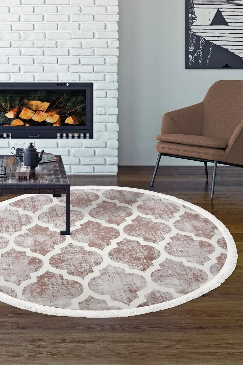 Dekoratif Dijital Saçaklı Yuvarlak Halı Yıkanabilir Antialaerjik