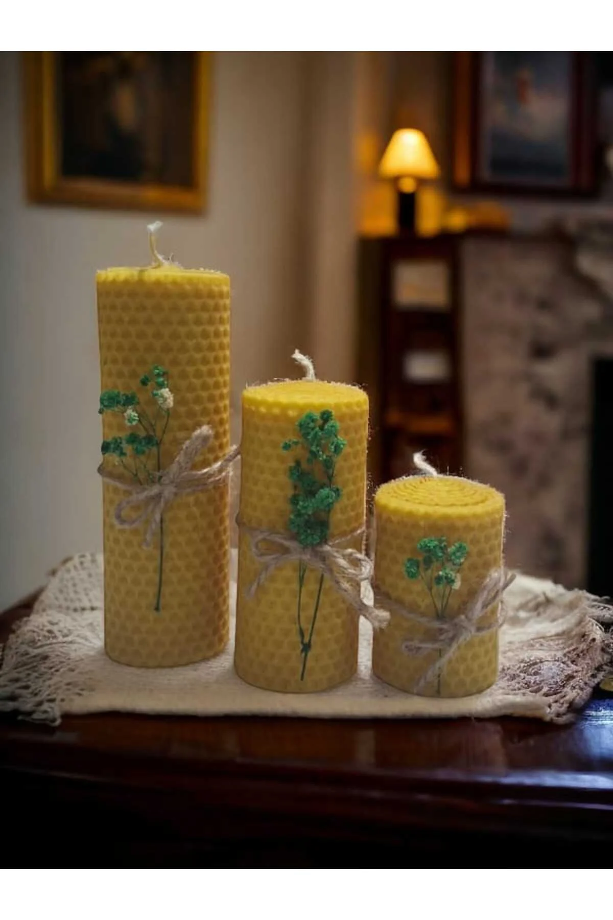 Dekoratif Doğal Petek Balmumu Mum Üçlü Set  Hediyelik