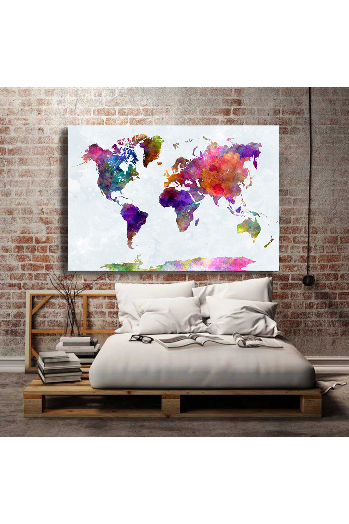 Korkmazkanvas Dekoratif Dünya Haritası Soyut Sıçramalar Mor-Mavi. Kanvas Tablo