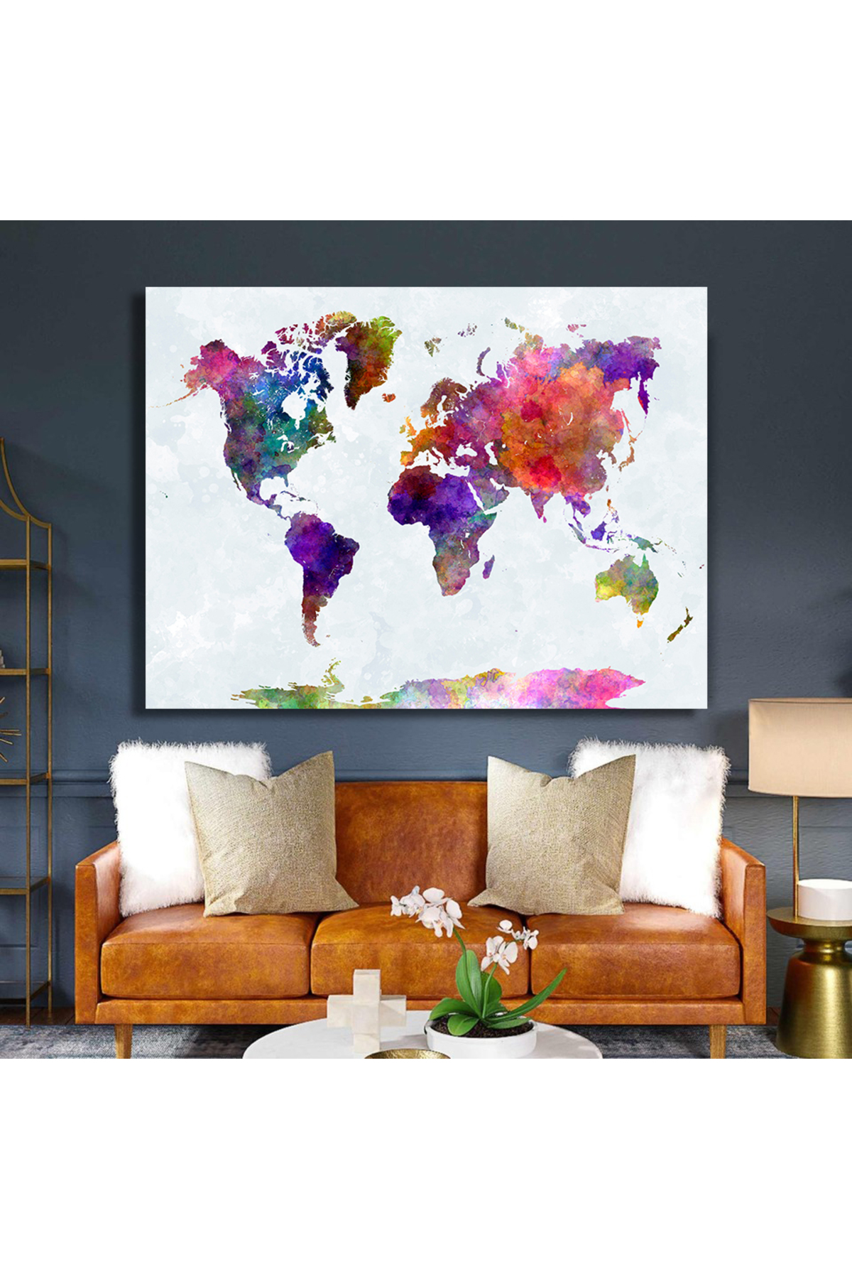Korkmazkanvas Dekoratif Dünya Haritası Soyut Sıçramalar Mor-Mavi. Kanvas Tablo