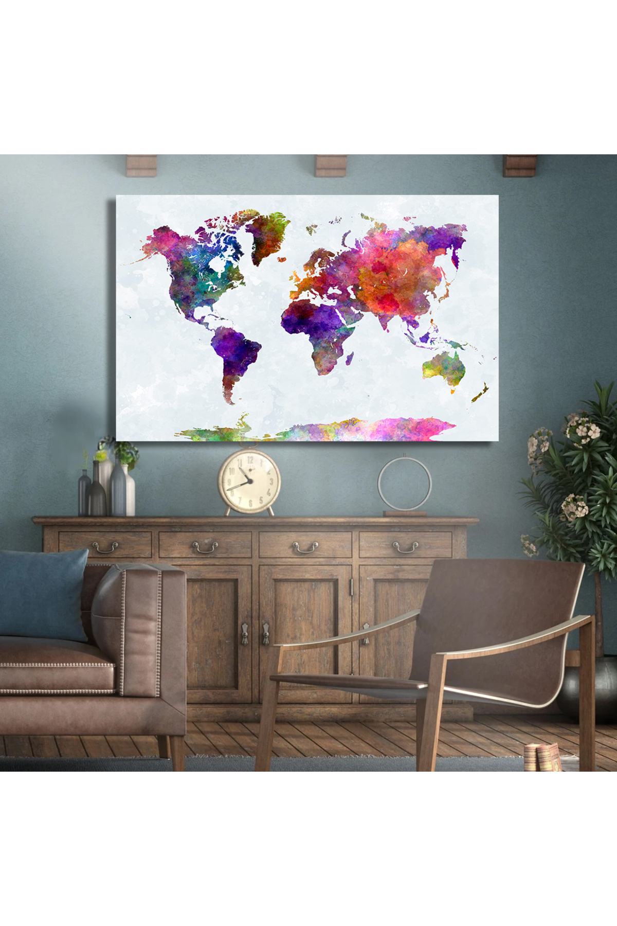 Korkmazkanvas Dekoratif Dünya Haritası Soyut Sıçramalar Mor-Mavi. Kanvas Tablo