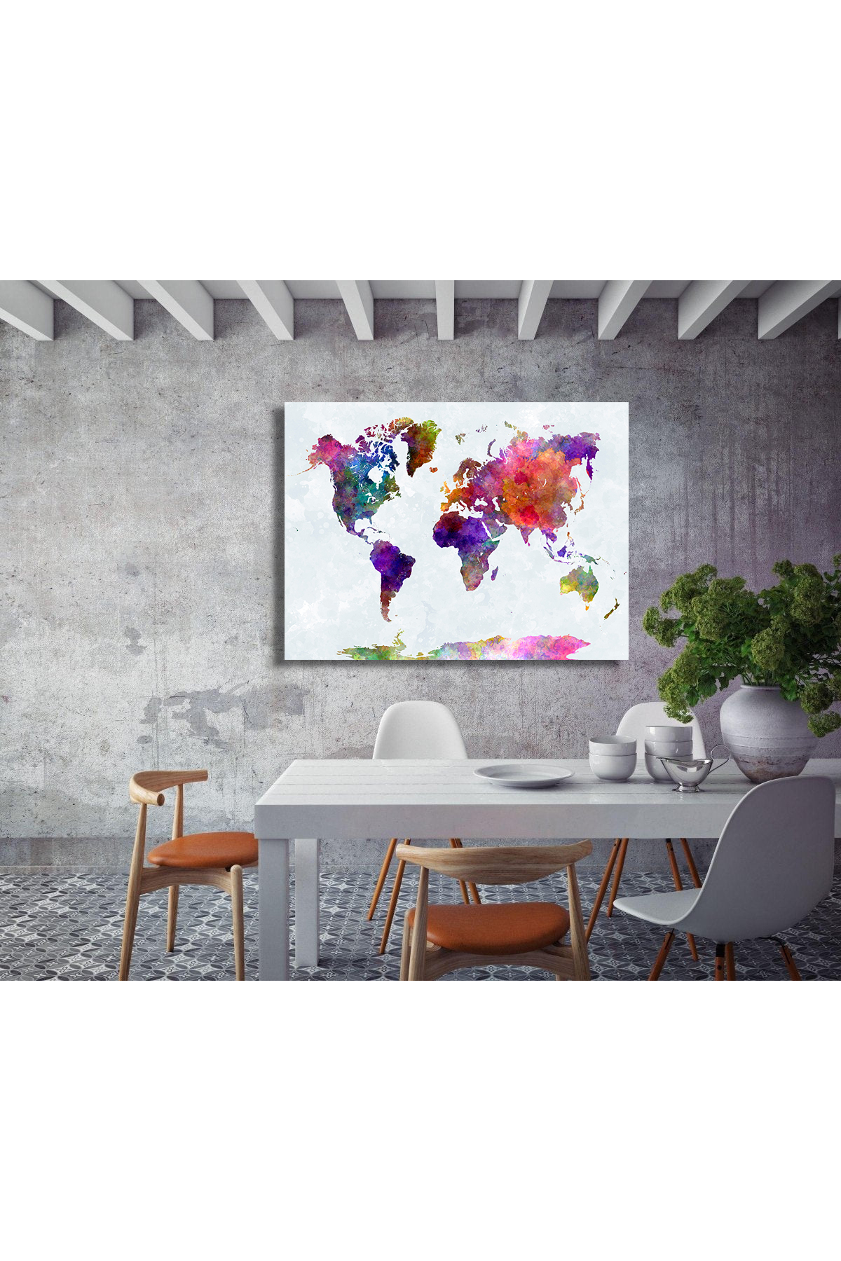 Korkmazkanvas Dekoratif Dünya Haritası Soyut Sıçramalar Mor-Mavi. Kanvas Tablo