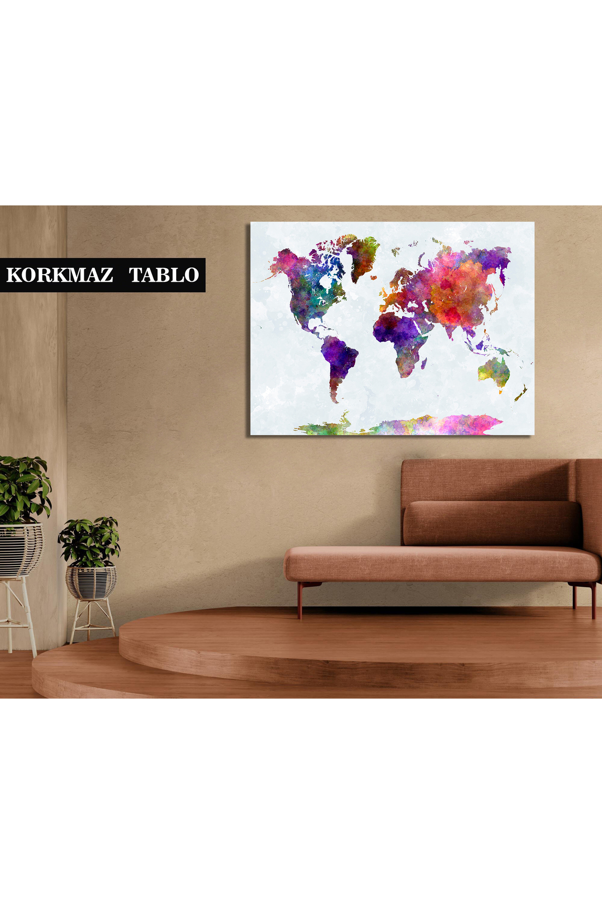 Korkmazkanvas Dekoratif Dünya Haritası Soyut Sıçramalar Mor-Mavi. Kanvas Tablo