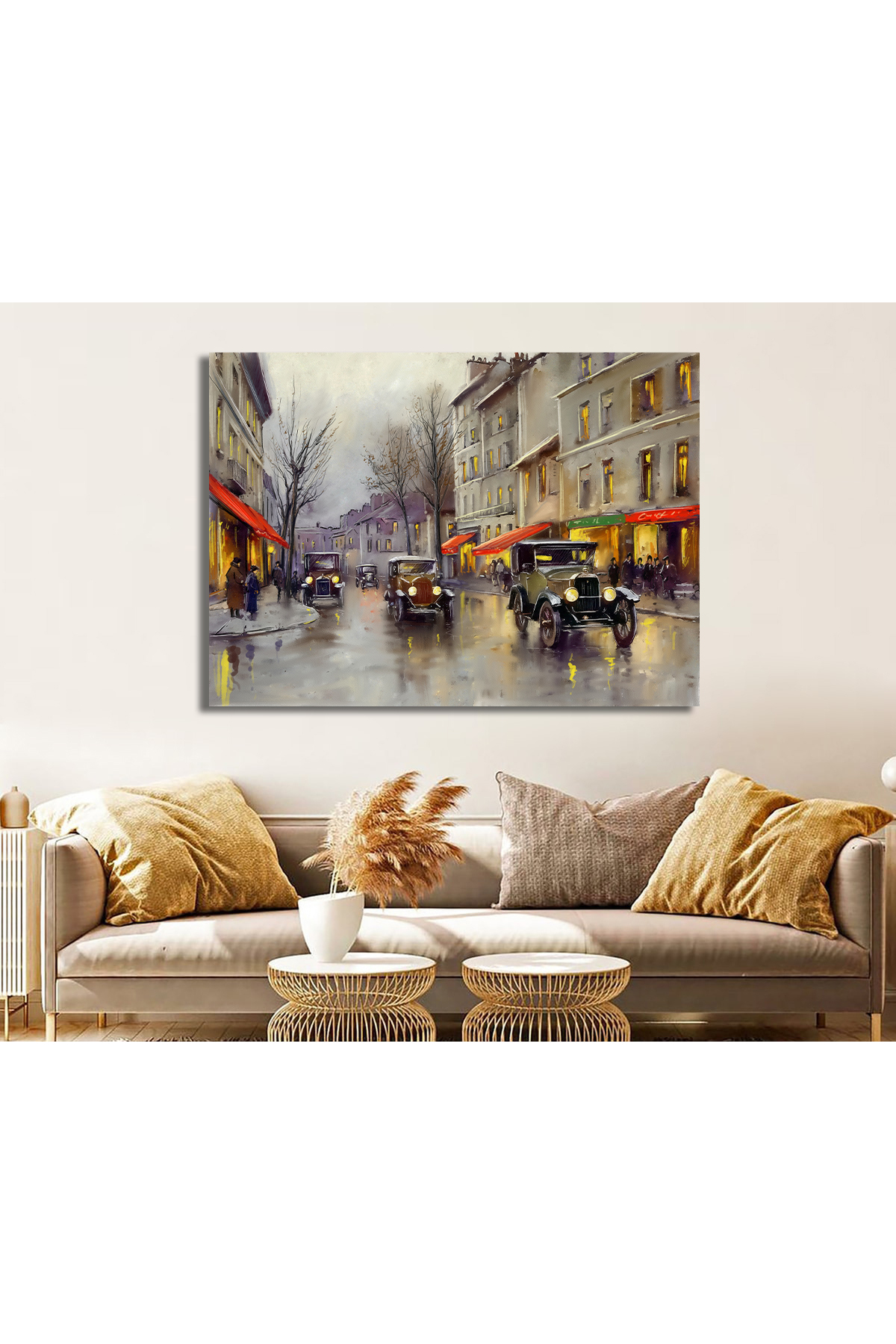 Korkmazkanvas Dekoratif Eski Arabalar, Şehirdeki Sokak, Kasaba Ülke Manzarası.