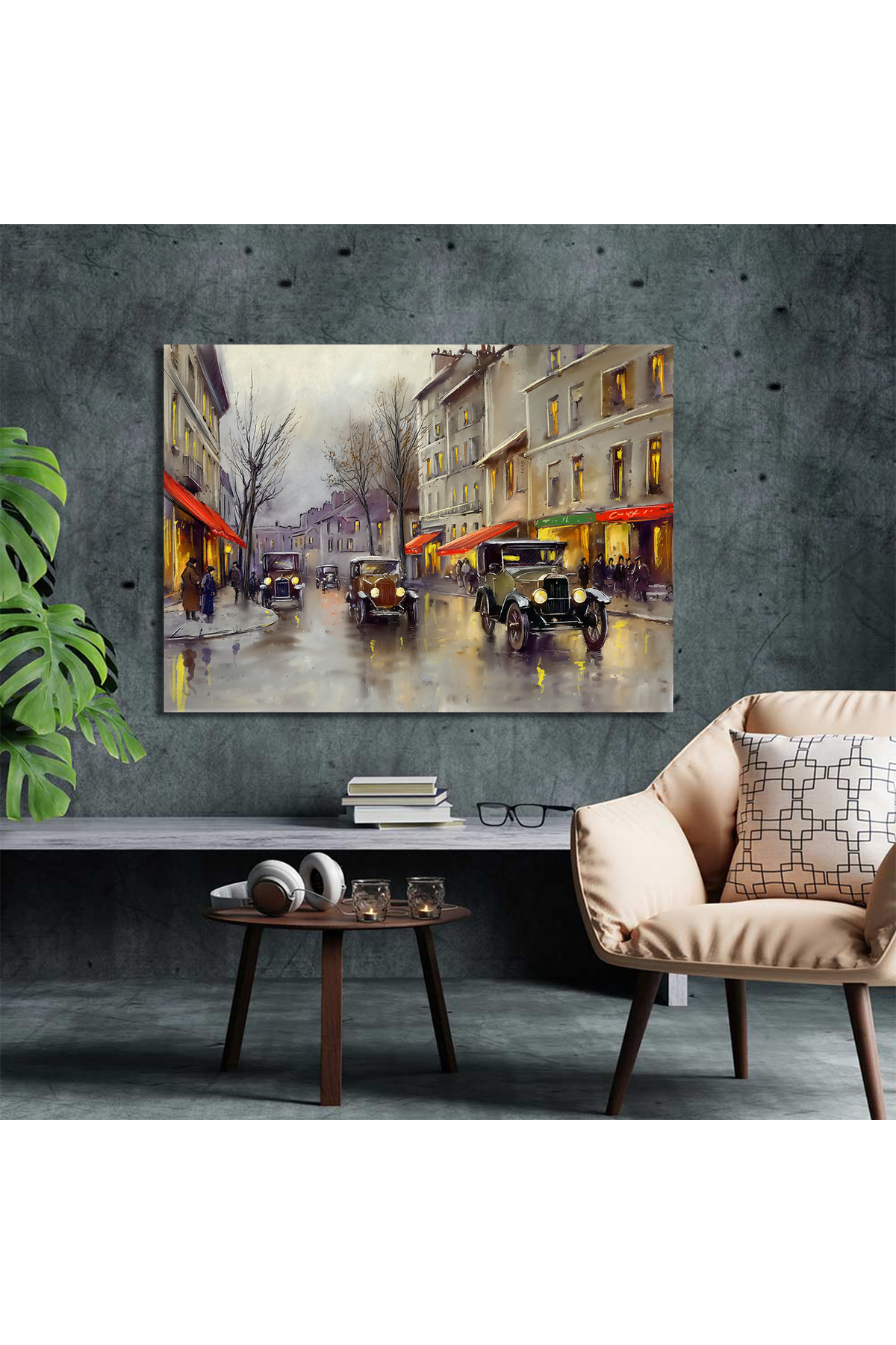 Korkmazkanvas Dekoratif Eski Arabalar, Şehirdeki Sokak, Kasaba Ülke Manzarası.