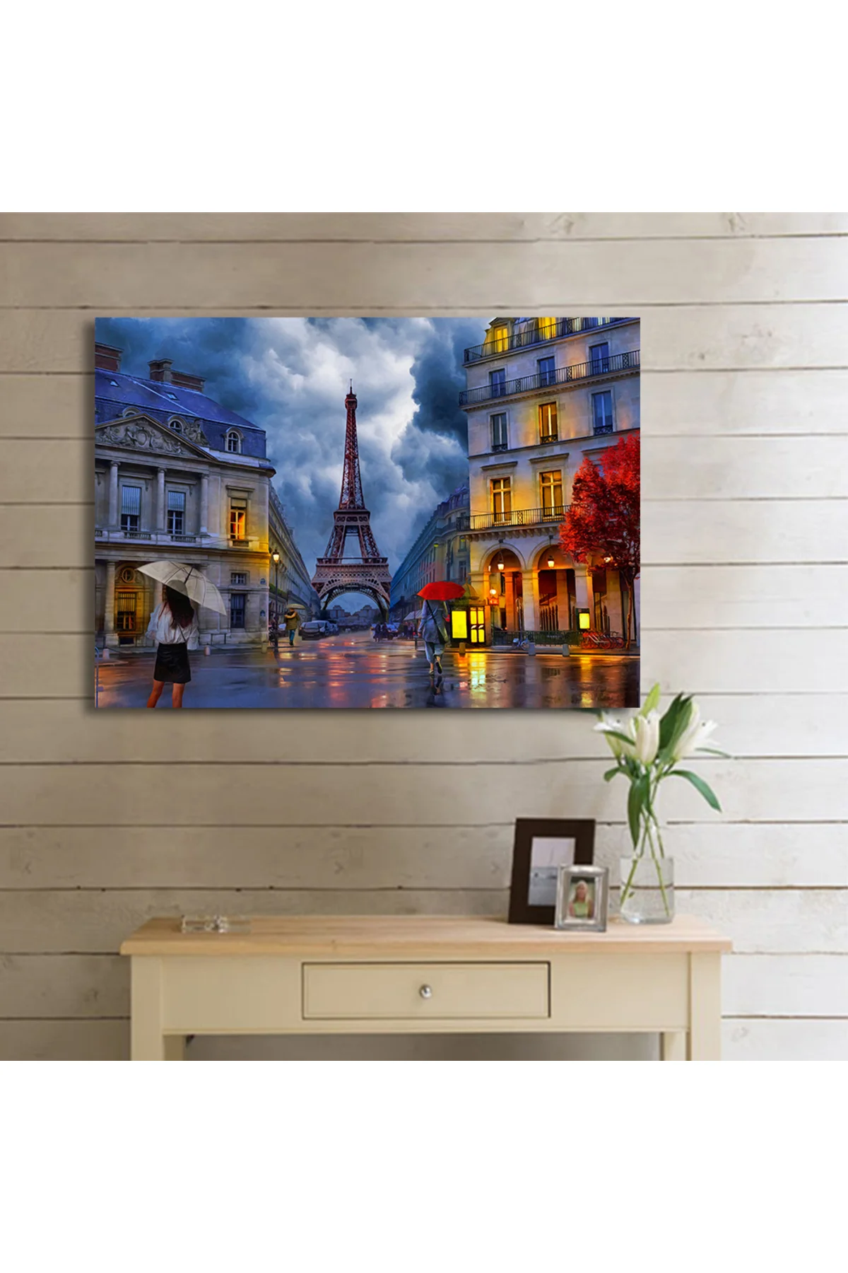 Dekoratif Eyfel Kulesi ile Paris yağmurlu gece yağlıboya tablosu.
