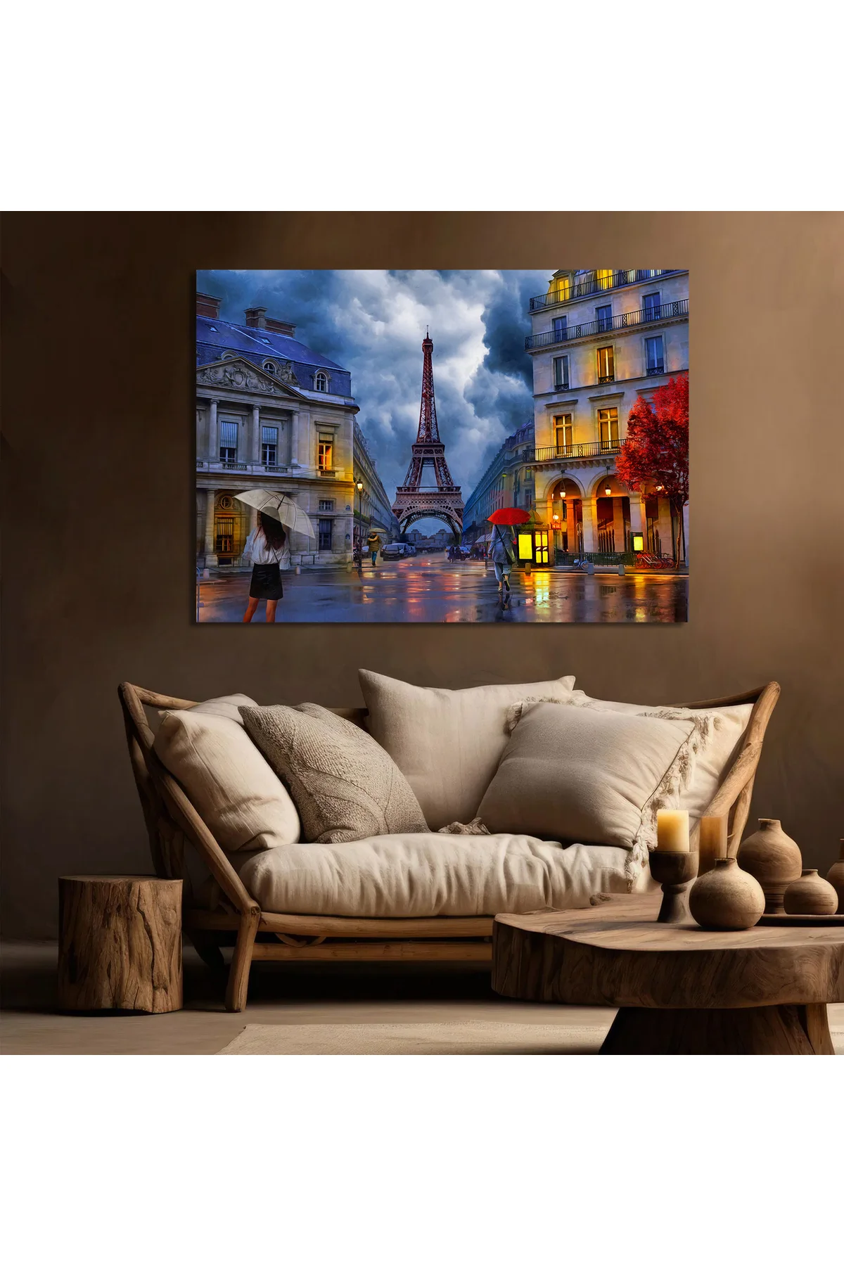 Dekoratif Eyfel Kulesi ile Paris yağmurlu gece yağlıboya tablosu.