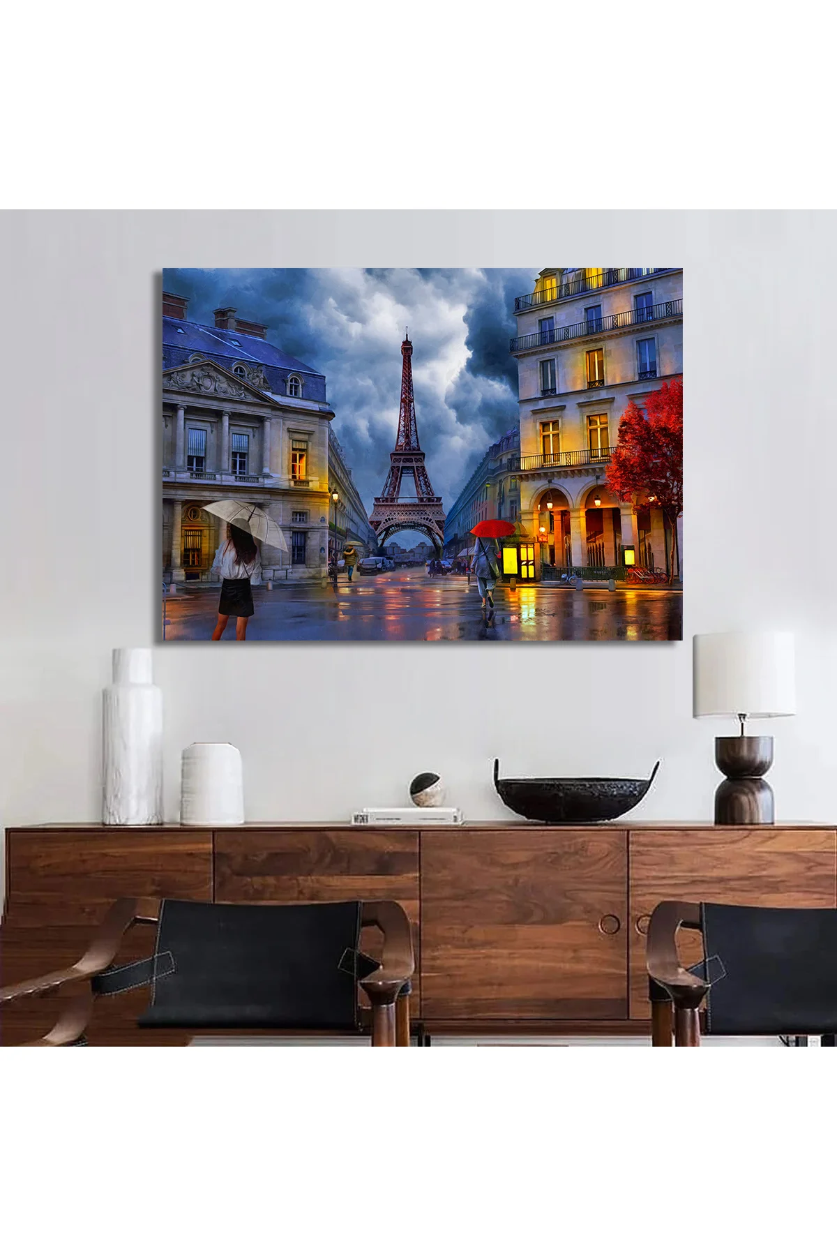 Dekoratif Eyfel Kulesi ile Paris yağmurlu gece yağlıboya tablosu.