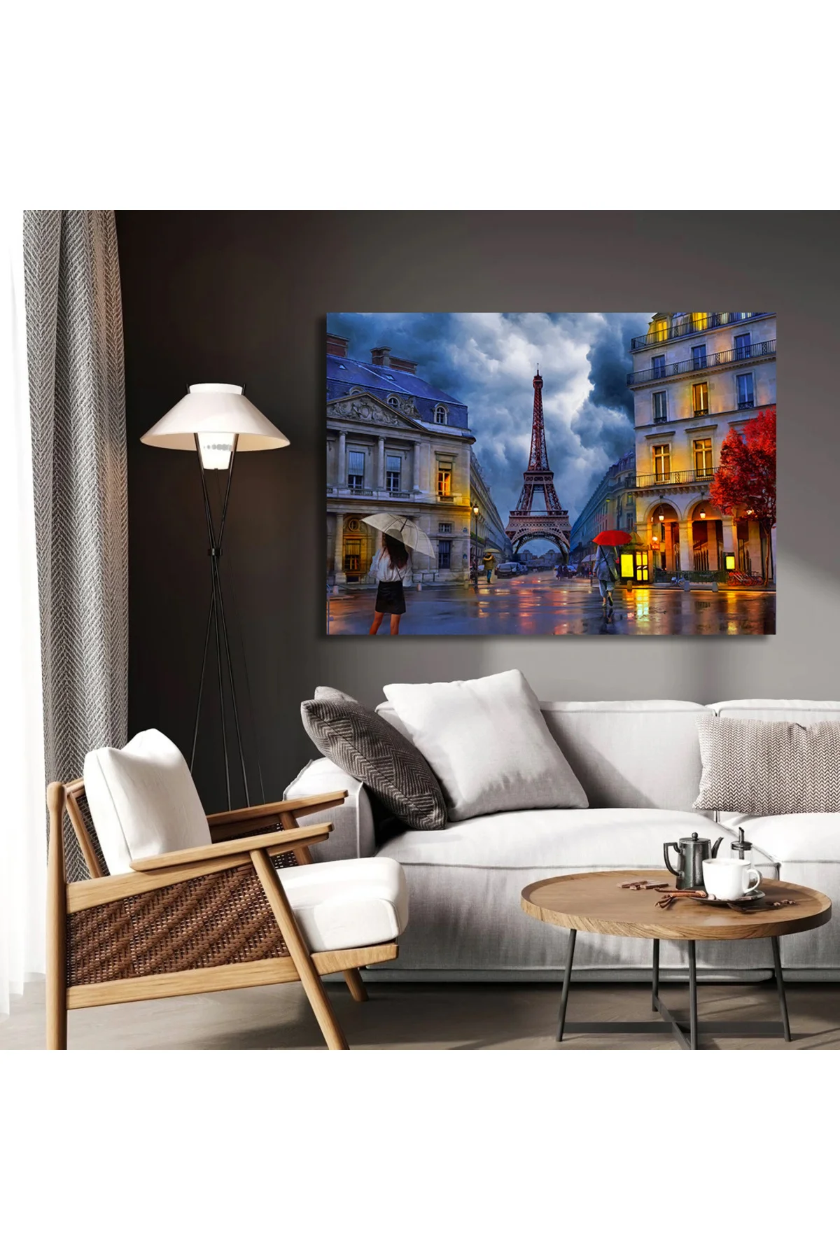 Dekoratif Eyfel Kulesi ile Paris yağmurlu gece yağlıboya tablosu.