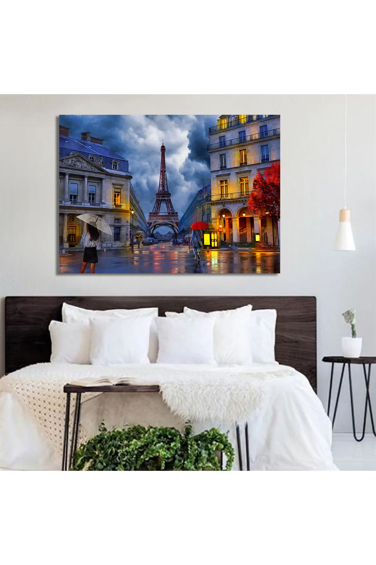 Dekoratif Eyfel Kulesi ile Paris yağmurlu gece yağlıboya tablosu.