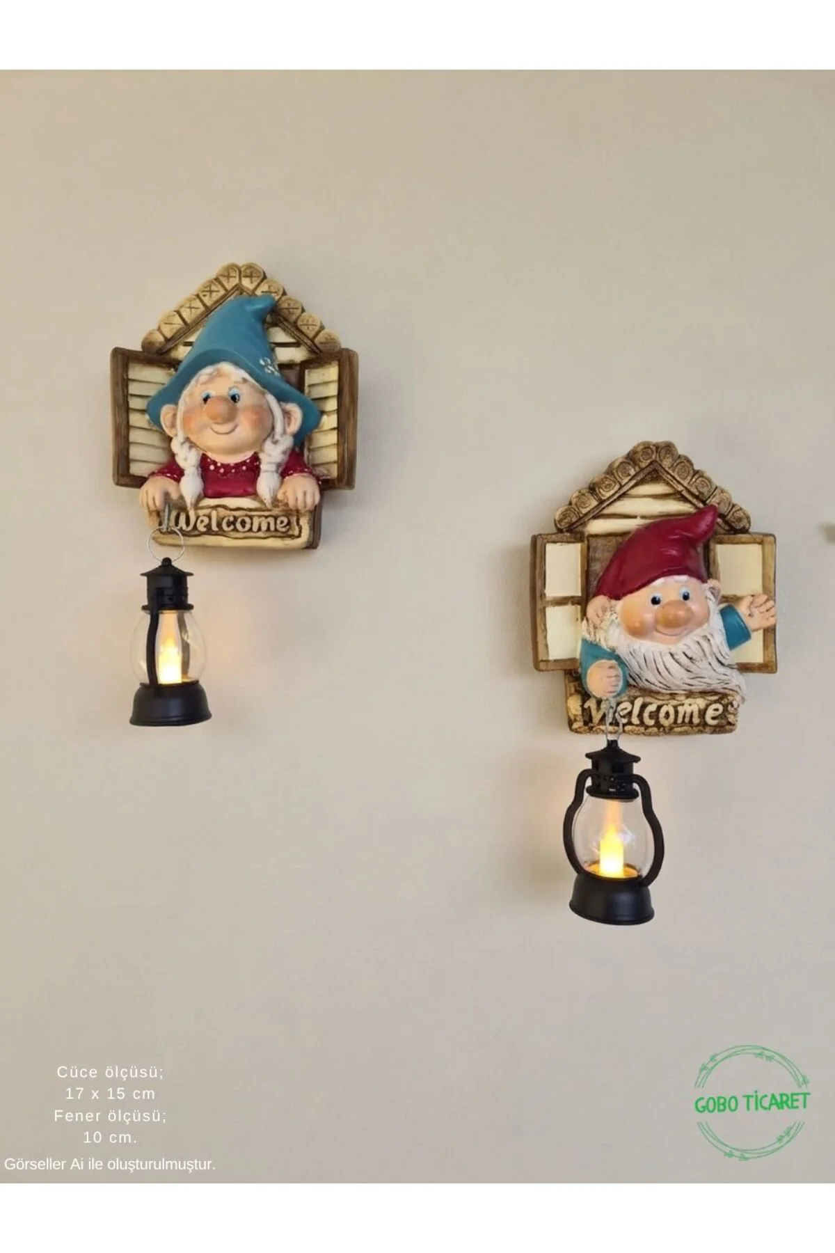 Dekoratif Fenerli Welcome Cüce Çifti 2li Set Dekoratif Kapı ve Duvar Süsü (Renk Seçenekli) 17x15 cm. Dekoratif Fenerli Welcome Cüce Çifti 2li Set Dekoratif Kapı ve Duvar Süsü (Renk Seçenekli) 17x15 cm.