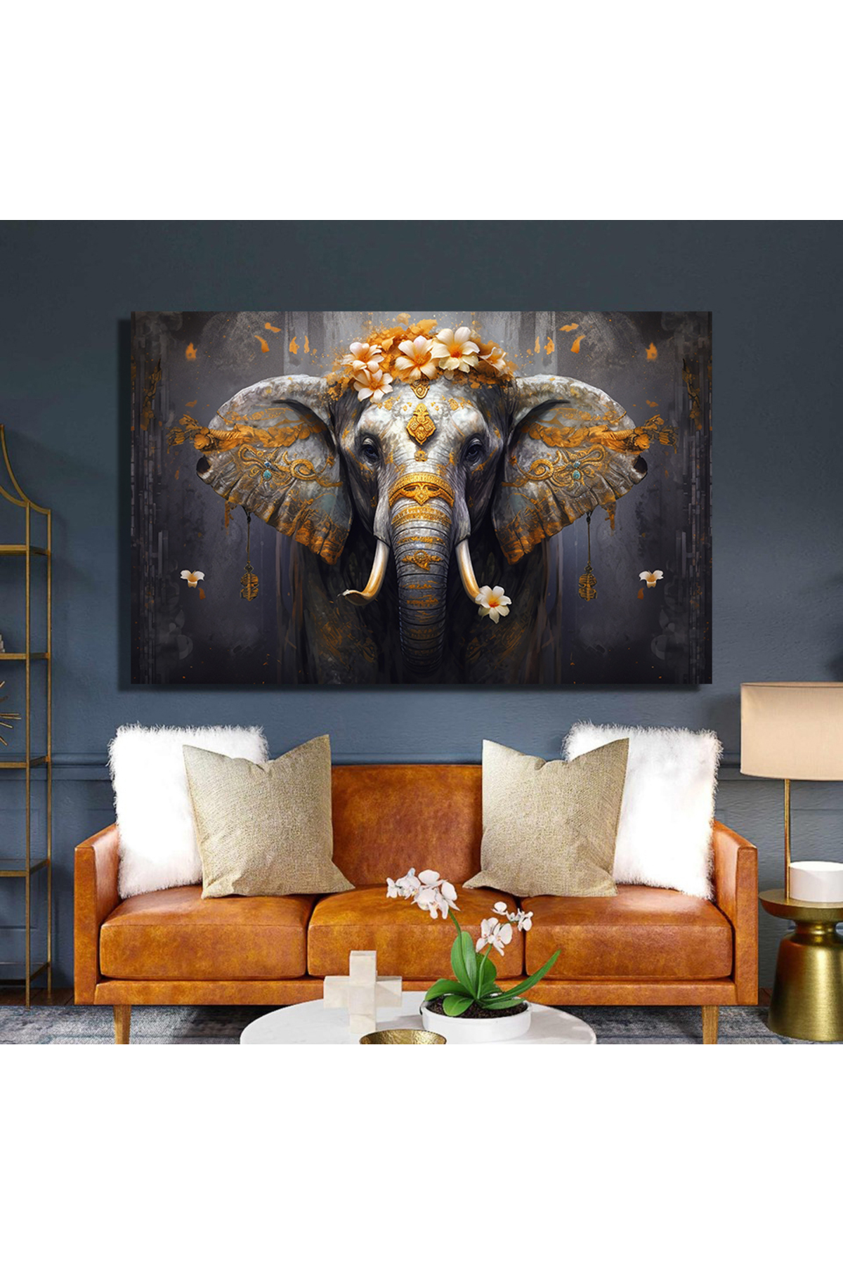 Korkmazkanvas Dekoratif Fil ,Çiçekler, Dallar, Hayvanlar, Altın Ve Tuval Resmi.