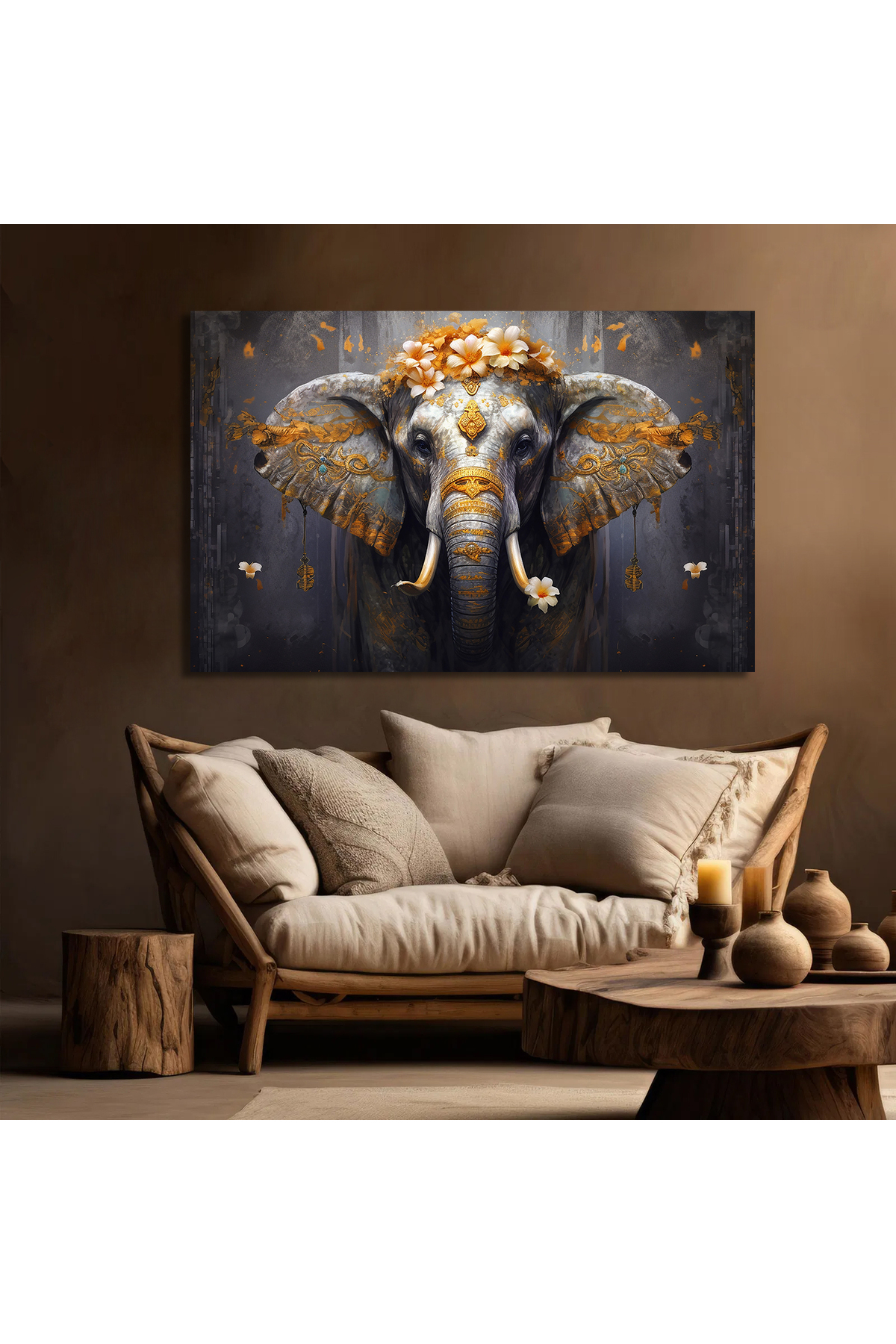 Korkmazkanvas Dekoratif Fil ,Çiçekler, Dallar, Hayvanlar, Altın Ve Tuval Resmi.