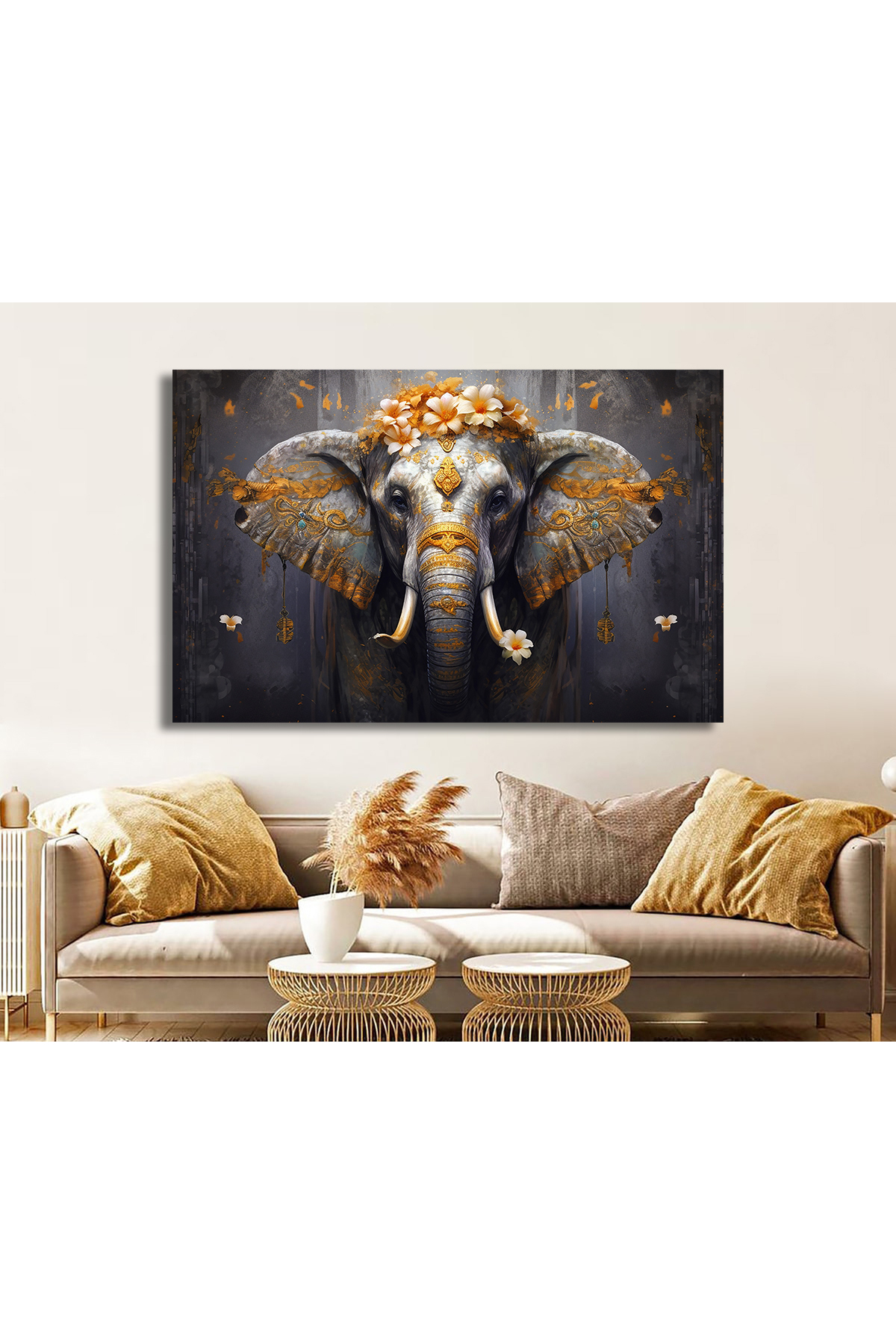 Korkmazkanvas Dekoratif Fil ,Çiçekler, Dallar, Hayvanlar, Altın Ve Tuval Resmi.