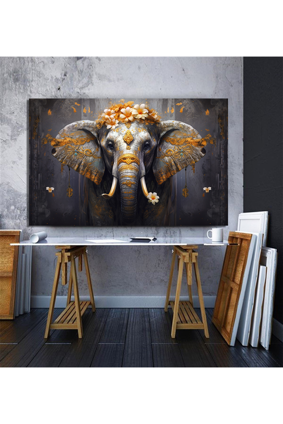 Korkmazkanvas Dekoratif Fil ,Çiçekler, Dallar, Hayvanlar, Altın Ve Tuval Resmi.