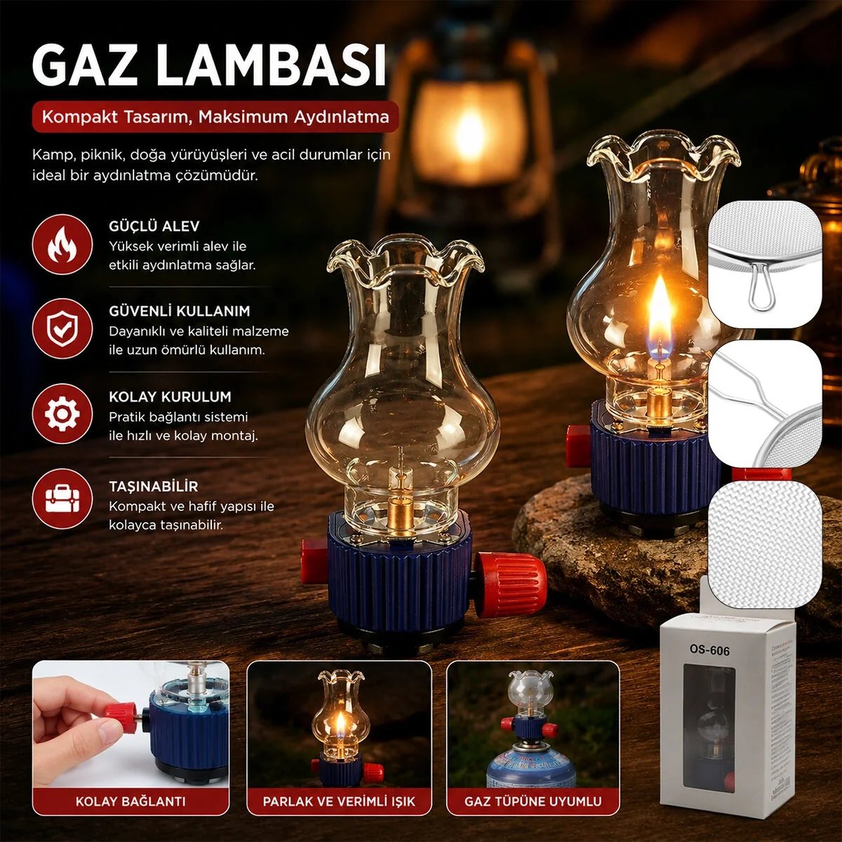 Dekoratif Gaz Lambası Gaz Kartuş Uyumlu Taşınabilir - Cam Hazneli Isıya Dayanıklı Bx40