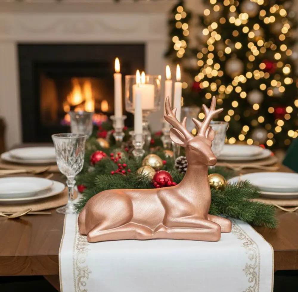 Dekoratif Geyik Biblo Heykel Roz Gold