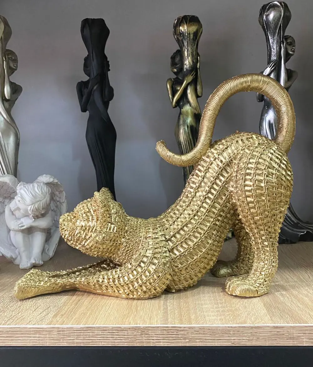 Dekoratif Hasır Dokuda Tasarlanmış Esneyen Kedi Biblo Sevimli Ked