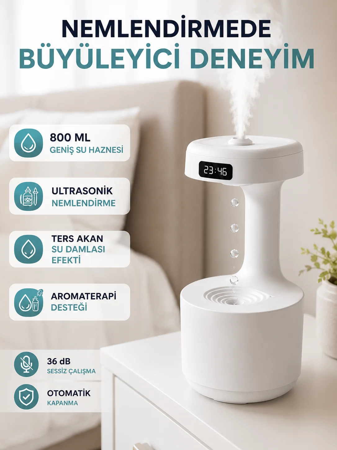 Dekoratif Hava Nemlendirici 800 ml Sessiz Aroma Difüzör Anti Yerçekimi Su Efektli Fiyatı, Yorumları ve Özellikleri