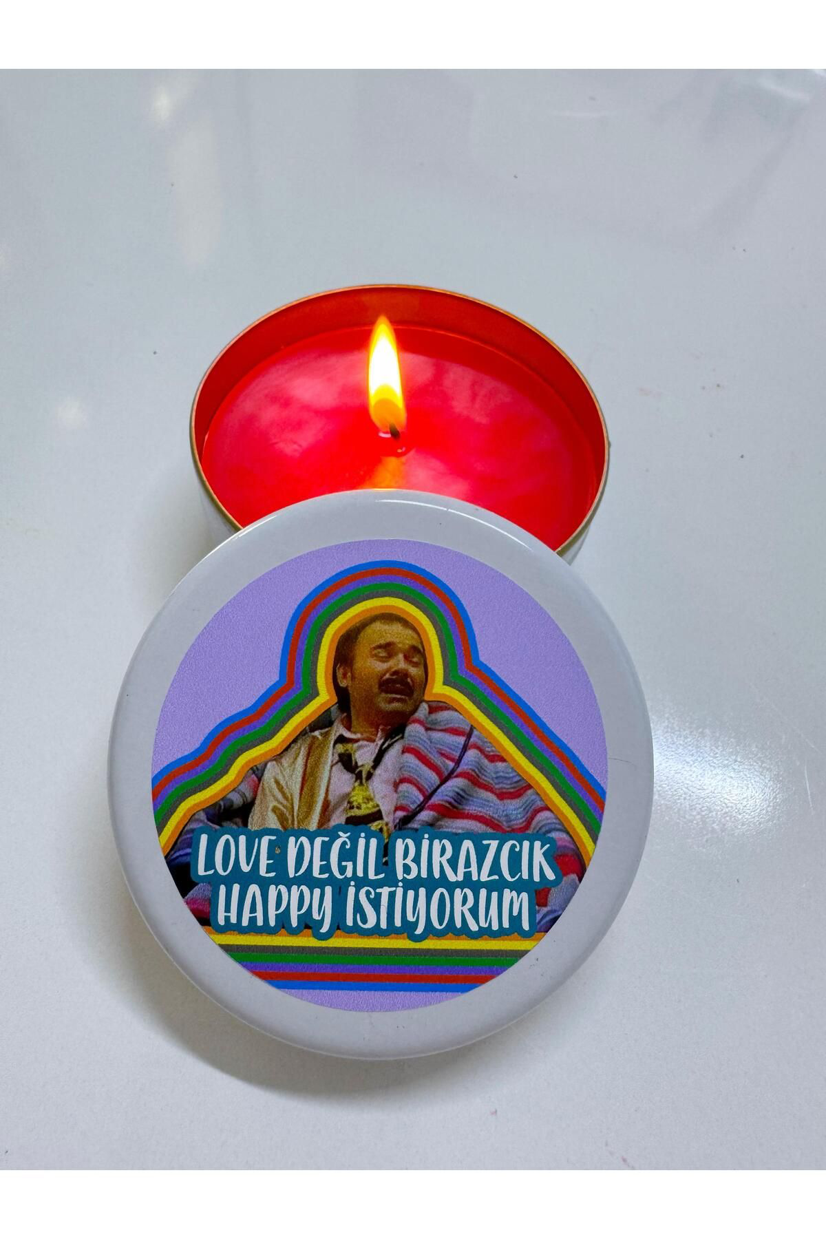 Aresmumatölyesi  Dekoratif Hediyelik Esprili Love Değil Happy İstiyorum Teneke Mum