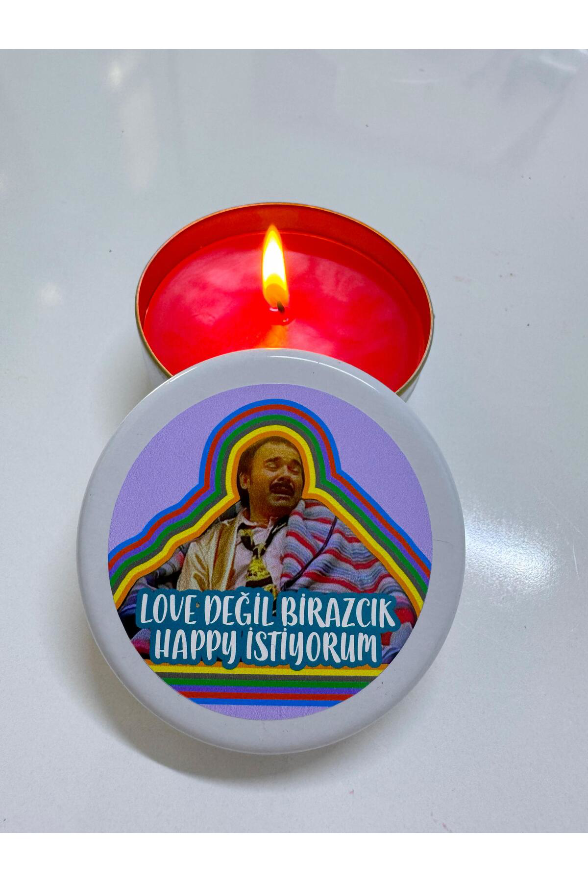 dekoratif hediyelik esprili love değil happy istiyorum teneke mum