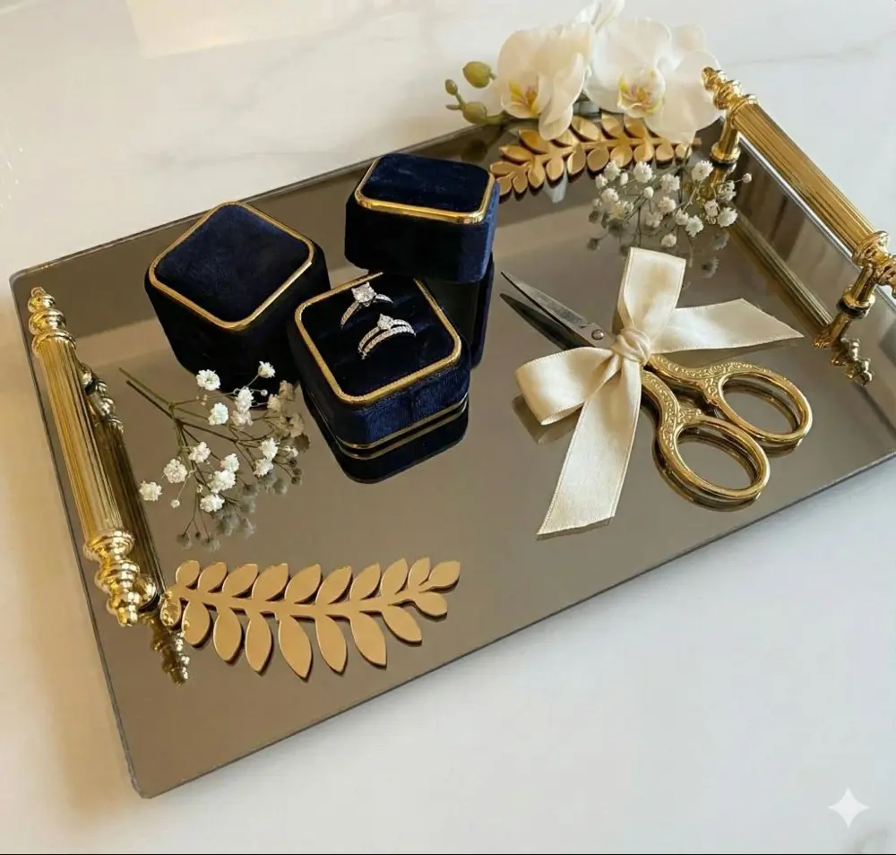 Dekoratif İkili Söz Tepsisi Nişan Tepsisi Damat Kahve Tepsisi