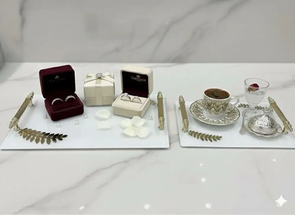 Dekoratif İkili Söz Tepsisi Nişan Tepsisi Damat Kahve Tepsisi