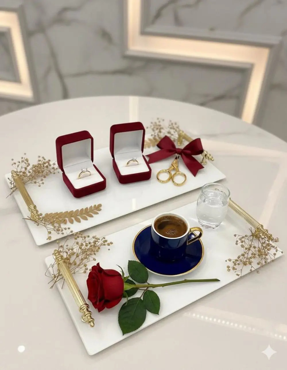 Dekoratif İkili Söz Tepsisi Nişan Tepsisi Damat Kahve Tepsisi