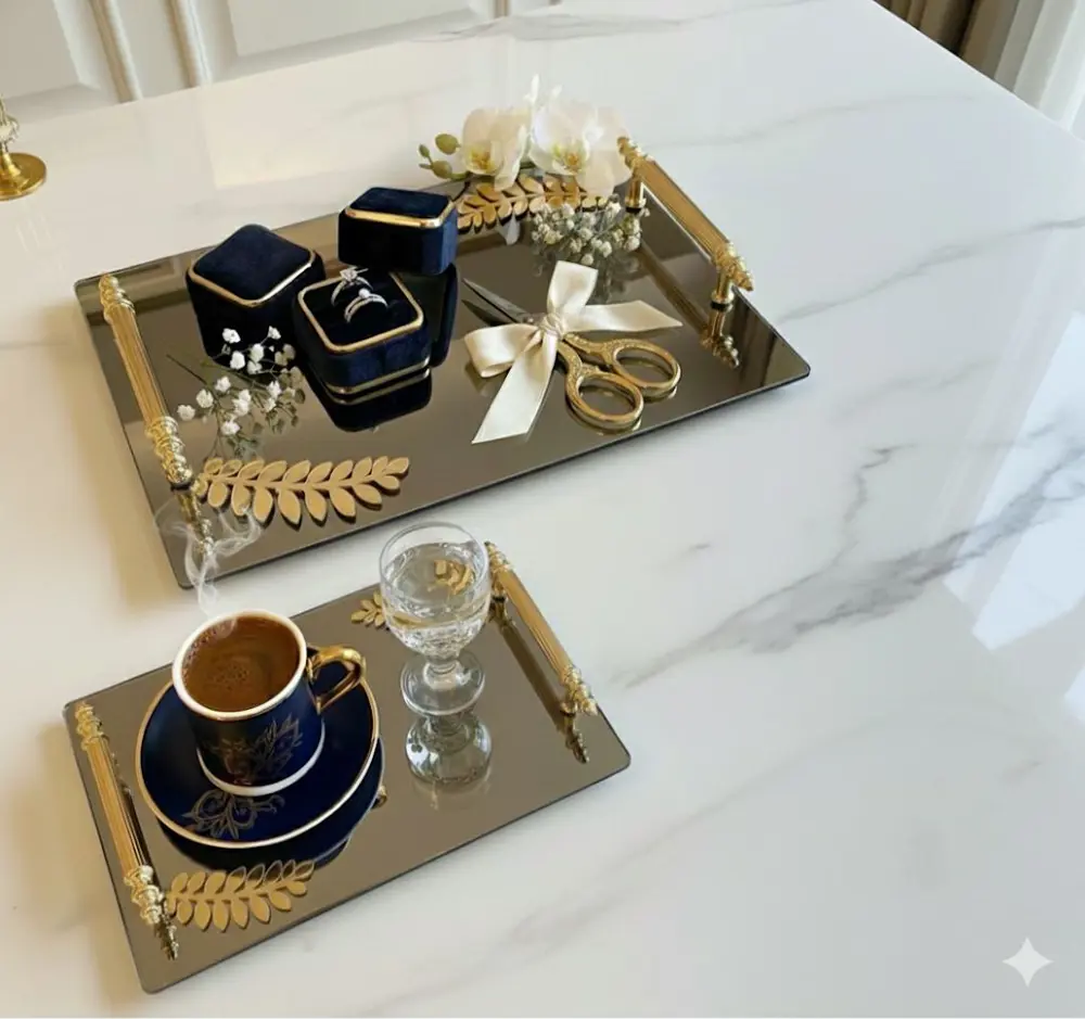 Dekoratif İkili Söz Tepsisi Nişan Tepsisi Damat Kahve Tepsisi