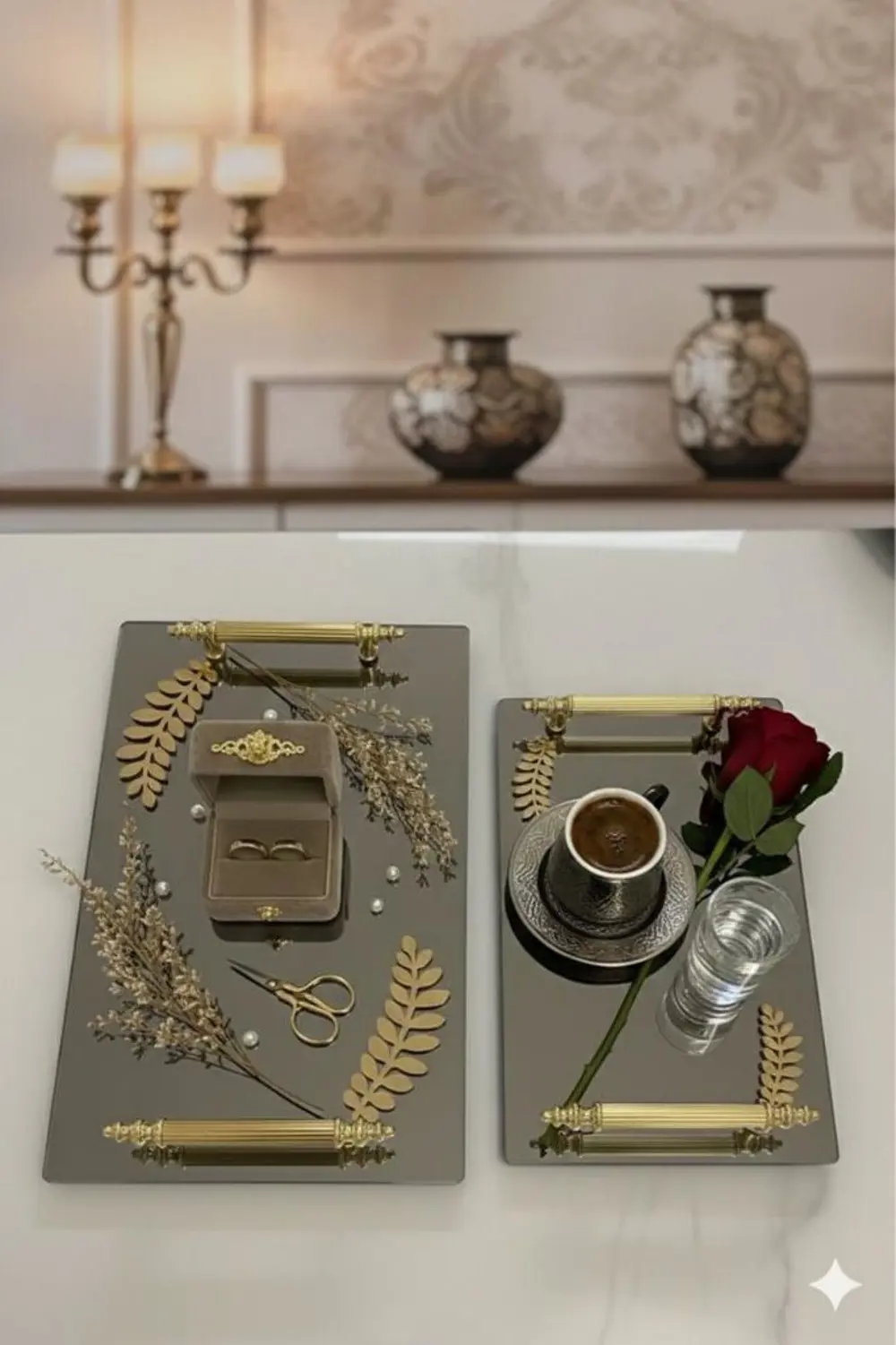 Dekoratif İkili Söz Tepsisi Nişan Tepsisi Damat Kahve Tepsisi