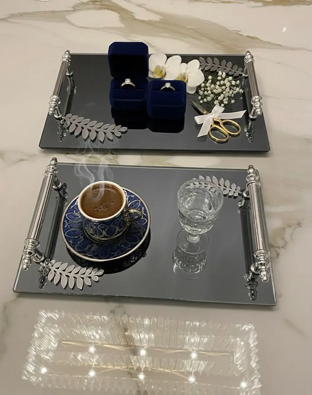 Dekoratif İkili Söz Tepsisi Nişan Tepsisi Damat Kahve Tepsisi