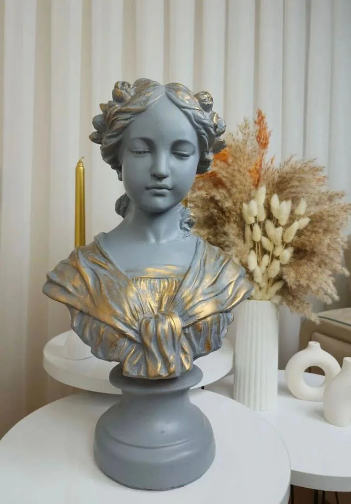 Dekoratif Kadın Büst Ophelia Heykel Biblo Gri Gold