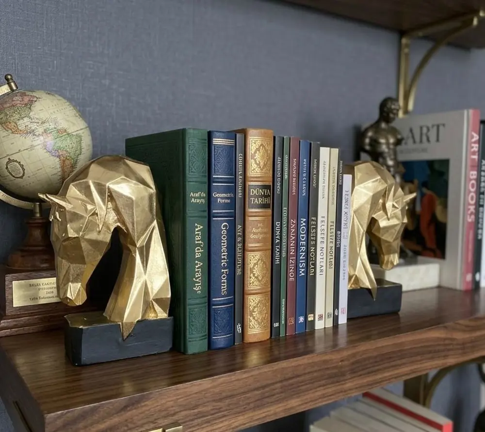 Dekoratif Kitap Tutucu Kübik At Figürlü Biblo 2 Li Gold Renkli (P